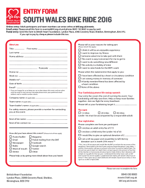 ENTRY FORM SOUTH WALES BIKE RIDE 2016 - bhforguk