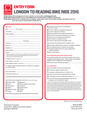 ENTRY FORM LONDON TO READING BIKE RIDE 2016