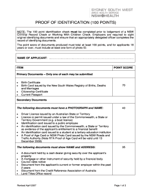 NSW 100 Point Identification Check Form