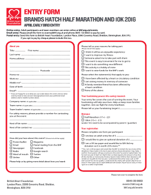 ENTRY FORM BRANDS HATCH HALF MARATHON AND 10K 2016 APRIL EARLY BIRD ENTRY Online entry: Adult participants and team members can enter online at bhf