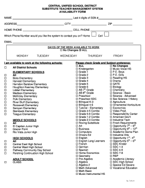 Substitute Teacher Availability Form