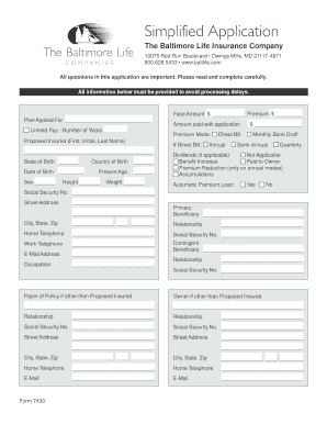 Baltimore Life Insurance Application Form 7430