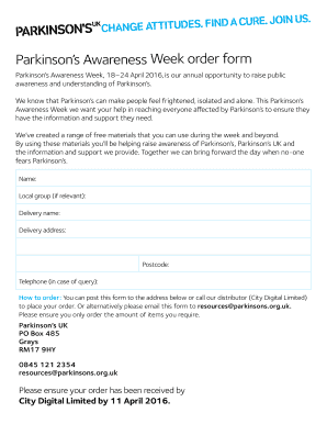 Parkinson's Awareness Week Order Form