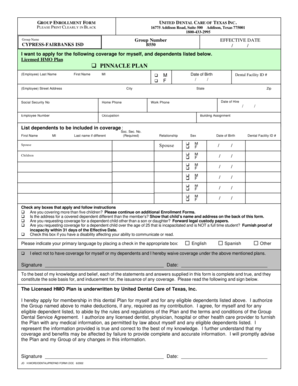 Group Enrollment Form for United Dental Care of Texas
