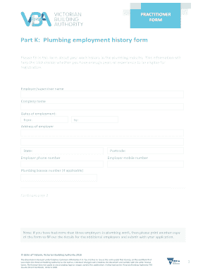 Plumbing Employment History Form