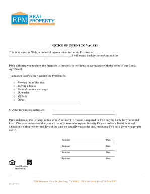 Notice of Intent to Vacate