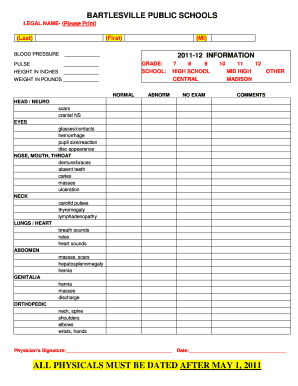 Bartlesville Public Schools Student Athlete Medical Form