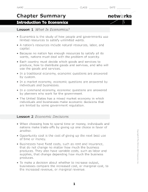 Economics Chapter Summary Worksheet