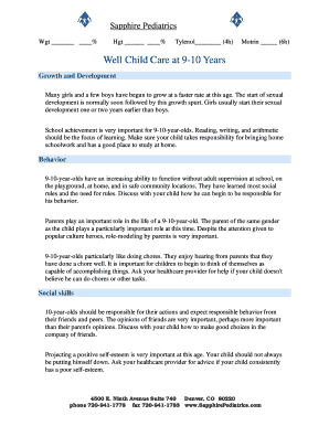 Well Child Care Form for 9-10 Year Olds