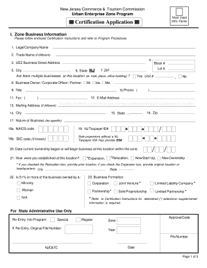 New Jersey UEZ Business Certification Application