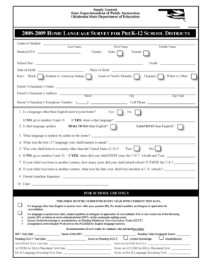 2008-2009 Home Language Survey for PreK-12 School Districts