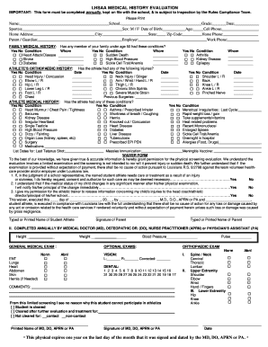 LHSAA Medical History Evaluation Form