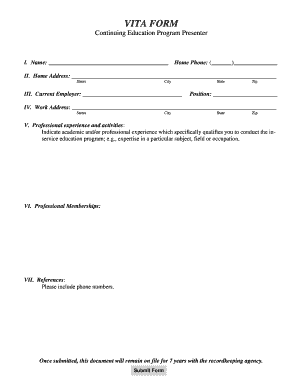 VITA Form Continuing Education Program Presenter