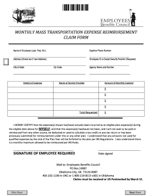 Monthly Transportation Expense Reimbursement Claim Form