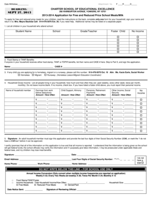 2013-2014 Application for Free and Reduced Price School Meals/Milk