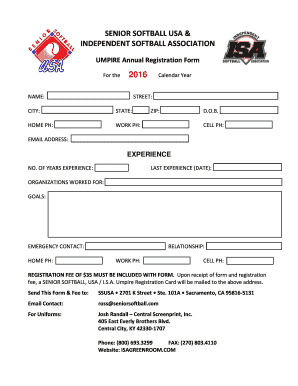 Senior Softball USA Umpire Annual Registration Form