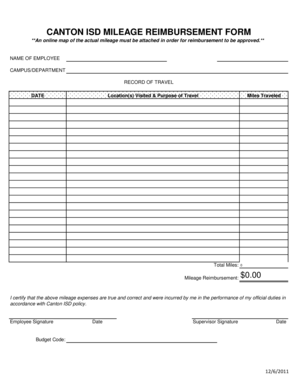 CANTON ISD MILEAGE REIMBURSEMENT FORM