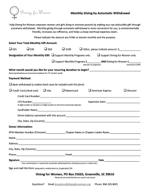 Dining for Women Monthly Donation Form