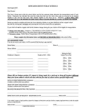 Howards Grove Public Schools Bus Ridership Form