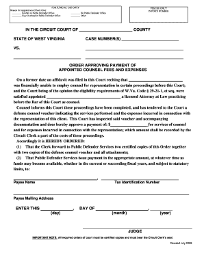 West Virginia Appointment of Counsel Fee Payment Order