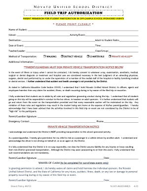 Novato Unified School District Field Trip Authorization