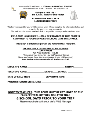 Elementary Field Trip Lunch Order Form
