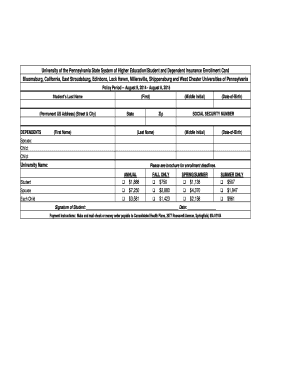 Pennsylvania Student Health Insurance Enrollment Form