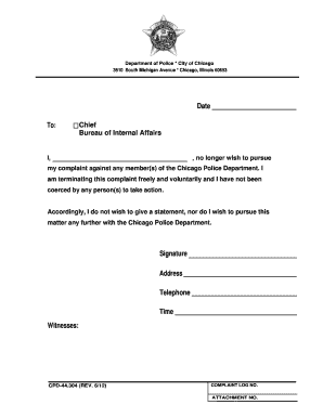 Chicago Police Complaint Withdrawal Form