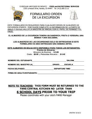 Formulario Orden de la Excursion