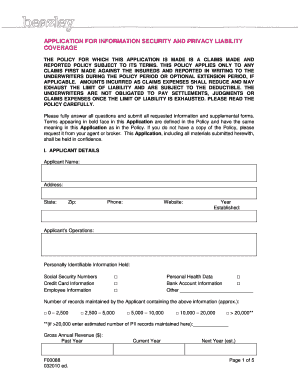 Information Security and Privacy Liability Coverage Application