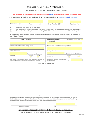 Missouri State University Direct Deposit Authorization Form