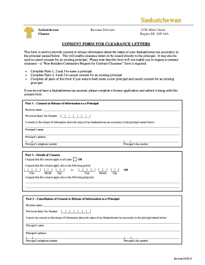 Saskatchewan Consent Form for Clearance Letters