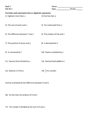 Math 7 Algebraic Expression Homework