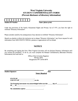 West Virginia University Student Confidentiality Form