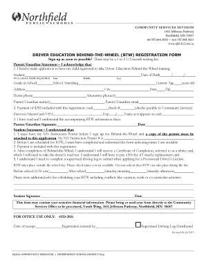 Driver Education Behind-the-Wheel Registration Form
