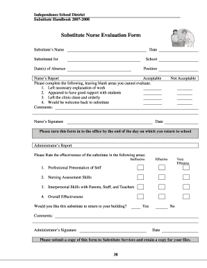 Substitute Nurse Evaluation Form - ISD Sites