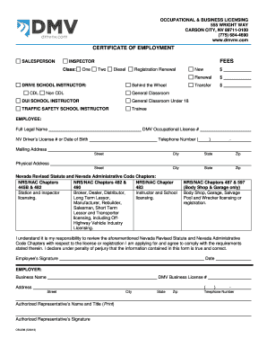 Nevada Certificate of Employment for Drive School Instructor