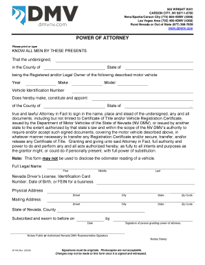 Nevada Power of Attorney for Motor Vehicle