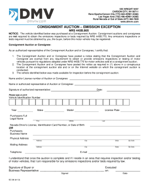 Nevada Consignment Auction Emission Exception Form