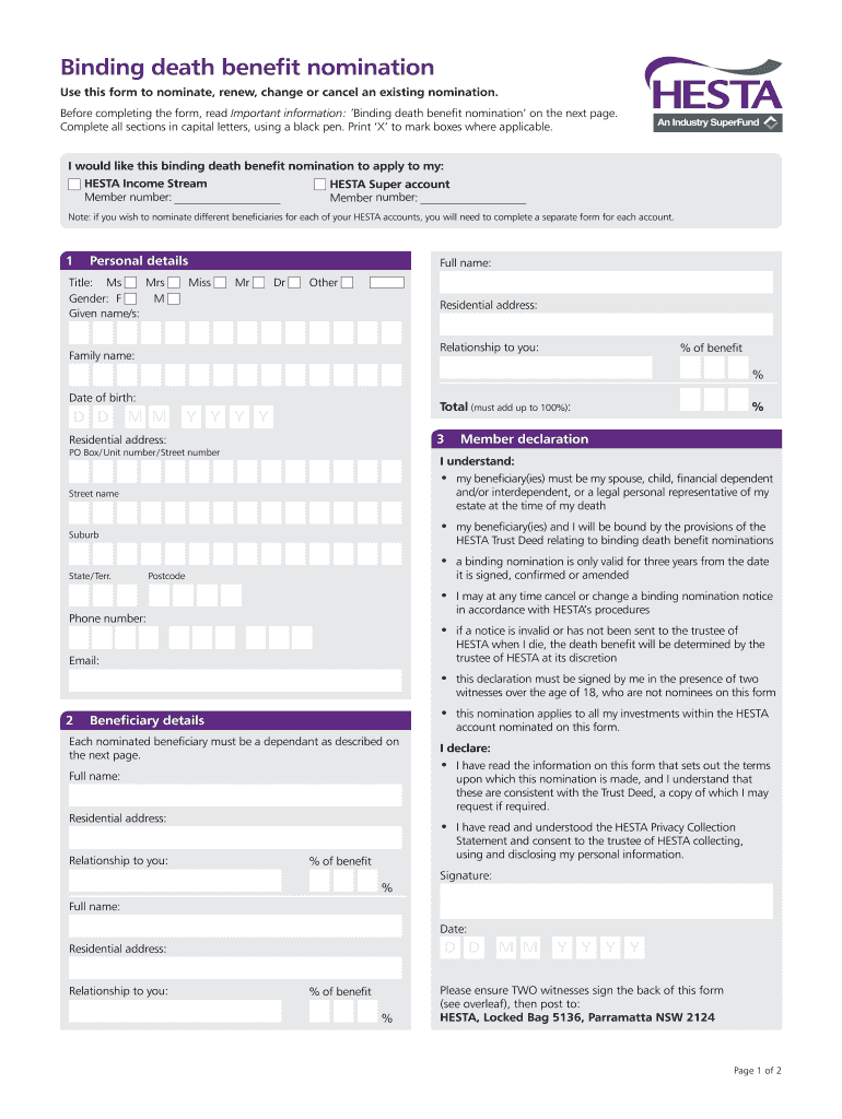 Fillable Online Binding death benefit nomination HESTA Fax Email