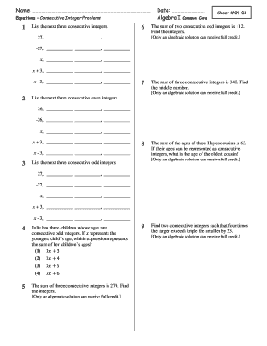 Algebra I Consecutive Integer Problems Worksheet