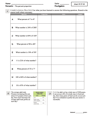 PreAlgebra Percent Proportion Worksheet