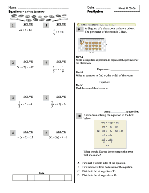 PreAlgebra Equations Worksheet