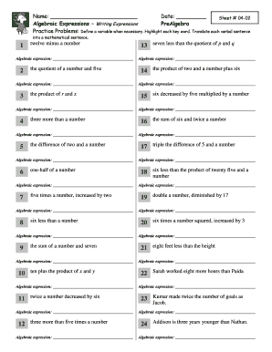Algebraic Expressions Worksheet