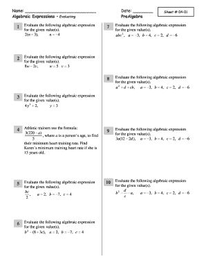 Algebraic Expressions Worksheet