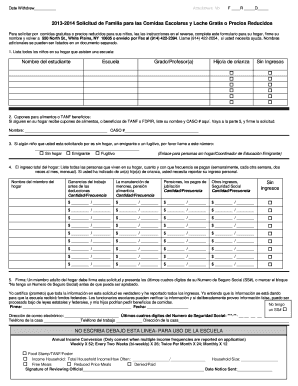 Solicitud de Familia para las Comidas Escolares y Leche Gratis o Precios Reducidos