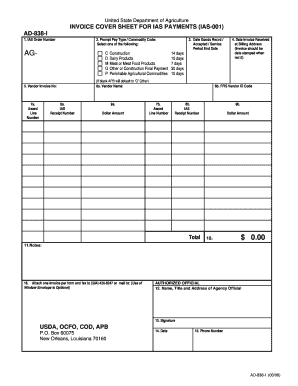 USDA Invoice Cover Sheet for IAS Payments