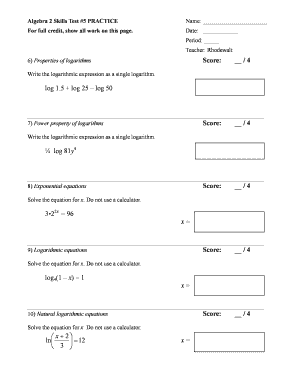 Algebra 2 Skills Test Practice