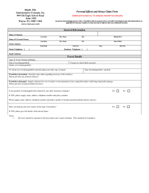 Personal Effects and Money Claim Form
