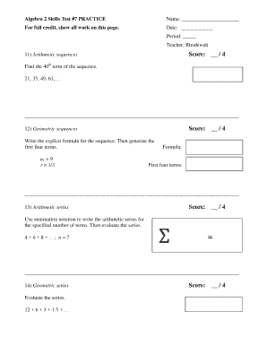 Algebra 2 Skills Test #7 Practice